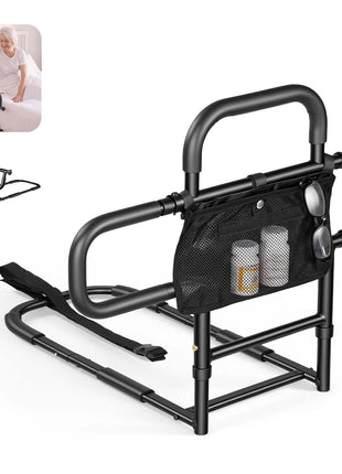 Bed Rail for Elderly Adults Foldable Bedside Assist Rail for Seniors, 300LBS Dual-Handle Support, Adjustable Handle Length, High-Strength Steel, with Storage Pocket, Fit King Queen Full Twin Bed