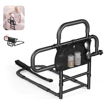 Bed Rail for Elderly Adults Foldable Bedside Assist Rail for Seniors, 300LBS Dual-Handle Support, Adjustable Handle Length, High-Strength Steel, with Storage Pocket, Fit King Queen Full Twin Bed
