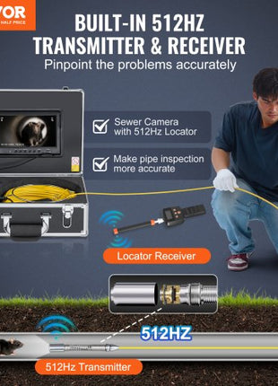 Sewer Camera with 512Hz Locator, 165 ft/50 m, 9" Drain Inspection Camera with Self-Leveling, 36X Zoom, Plumbing Camera with Lights-12 LED, 32GB Card, IP68 Waterproof Snake Camera for Duct Pipe