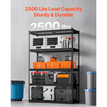 Storage Shelves, 2500 lbs, 5 Tier Heavy Duty Garage Shelving, 18" D x 48" W x 72" H Adjustable Metal Shelves for Industrial Shelving Unit Utility Shelf, for Kitchen, Warehouse, Basement, Black