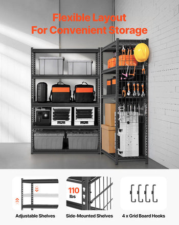 Storage Shelves, 2500 lbs, 5 Tier Heavy Duty Garage Shelving, 18" D x 48" W x 72" H Adjustable Metal Shelves for Industrial Shelving Unit Utility Shelf, for Kitchen, Warehouse, Basement, Black