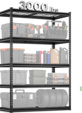 Storage Shelves, 3000 lbs, 5 Tier Heavy Duty Garage Shelving, 24" D x 48" W x 72" H Adjustable Metal Shelves for Industrial Shelving Unit Utility Shelf, for Kitchen, Warehouse, Basement, Black