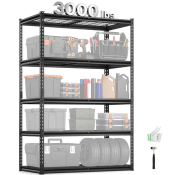 Storage Shelves, 3000 lbs, 5 Tier Heavy Duty Garage Shelving, 24" D x 48" W x 72" H Adjustable Metal Shelves for Industrial Shelving Unit Utility Shelf, for Kitchen, Warehouse, Basement, Black