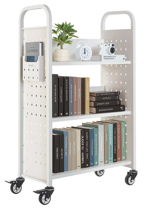 Rolling Library Book Cart, 330 lbs Capacity, 30.3 x 15 x 48.0-Inch Library Cart, Single Sided L-Shaped Shelves with 3-Inch Lockable Wheels, Book Truck for Home Shelves Office and School, White