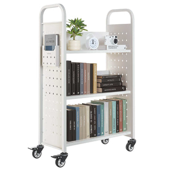 Rolling Library Book Cart, 330 lbs Capacity, 30.3 x 15 x 48.0-Inch Library Cart, Single Sided L-Shaped Shelves with 3-Inch Lockable Wheels, Book Truck for Home Shelves Office and School, White