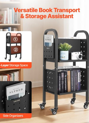 Rolling Library Book Cart, 150 lbs Capacity, 17.7 x 13.0 x 34.6-Inch Library Cart, Double Sided L-Shaped Shelves with 2-Inch Lockable Wheels, Book Truck for Home Shelves Office and School, Black