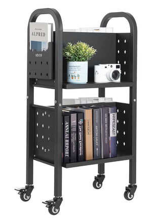Rolling Library Book Cart, 150 lbs Capacity, 17.7 x 13.0 x 34.6-Inch Library Cart, Double Sided L-Shaped Shelves with 2-Inch Lockable Wheels, Book Truck for Home Shelves Office and School, Black