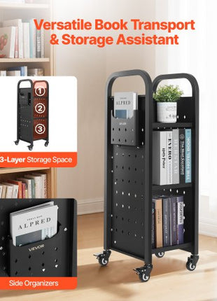 Rolling Library Book Cart, 220 lbs Capacity, 12.6 x 13.8 x 36.8-Inch Library Cart, Single Sided L-Shaped Shelves with 2-Inch Lockable Wheels, Book Truck for Home Shelves Office and School, Black