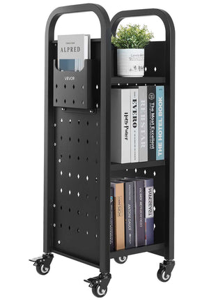 Rolling Library Book Cart, 220 lbs Capacity, 12.6 x 13.8 x 36.8-Inch Library Cart, Single Sided L-Shaped Shelves with 2-Inch Lockable Wheels, Book Truck for Home Shelves Office and School, Black