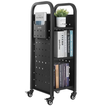 Rolling Library Book Cart, 220 lbs Capacity, 12.6 x 13.8 x 36.8-Inch Library Cart, Single Sided L-Shaped Shelves with 2-Inch Lockable Wheels, Book Truck for Home Shelves Office and School, Black