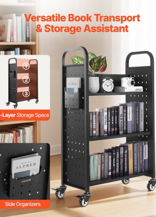 Rolling Library Book Cart, 330 lbs Capacity, 30.3 x 15 x 48.0-Inch Library Cart, Single Sided L-Shaped Shelves with 3-Inch Lockable Wheels, Book Truck for Home Shelves Office and School, Black