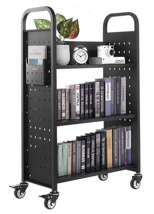 Rolling Library Book Cart, 330 lbs Capacity, 30.3 x 15 x 48.0-Inch Library Cart, Single Sided L-Shaped Shelves with 3-Inch Lockable Wheels, Book Truck for Home Shelves Office and School, Black