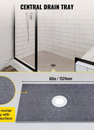 Shower Curb Kit, 38\"x60\" Watertight Shower Curb Overlay with 4\" ABS Central Bonding Flange, 4\" Stainless Steel Grate, 2 Cuttable Shower Curb and Trowel, Shower Pan Slope Sticks Fit for Bathr