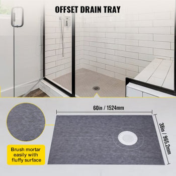 Shower Curb Kit 38\" x 60\" Watertight Shower Curb Overlay with 4\" PVC Offset Bonding Flange, 4\" Stainless Steel Grate, 2 Cuttable Shower Curb and Trowel, Shower Pan Slope Sticks Fit for Bathr