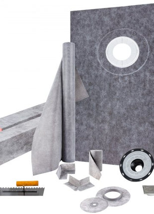 Shower Curb Kit 38\" x 60\" Watertight Shower Curb Overlay with 4\" PVC Offset Bonding Flange, 4\" Stainless Steel Grate, 2 Cuttable Shower Curb and Trowel, Shower Pan Slope Sticks Fit for Bathr