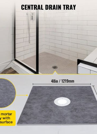 Shower Curb Kit, 48\"x48\" Watertight Shower Curb Overlay with 4\" ABS Central Bonding Flange, 4\" Stainless Steel Grate, 2 Cuttable Shower Curb and Trowel, Shower Pan Slope Sticks Fit for Bathr