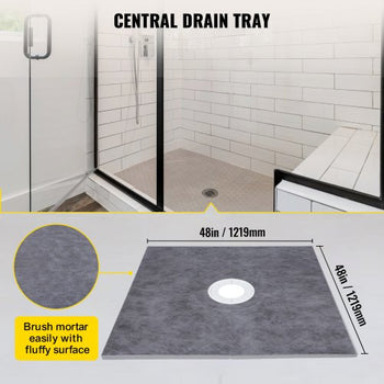 Shower Curb Kit, 48\"x48\" Watertight Shower Curb Overlay with 4\" PVC Central Bonding Flange, 4\" Stainless Steel Grate, 2 Cuttable Shower Curb and Trowel, Shower Pan Slope Sticks Fit for Bathr