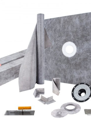 Shower Curb Kit, 48\"x48\" Watertight Shower Curb Overlay with 4\" PVC Central Bonding Flange, 4\" Stainless Steel Grate, 2 Cuttable Shower Curb and Trowel, Shower Pan Slope Sticks Fit for Bathr