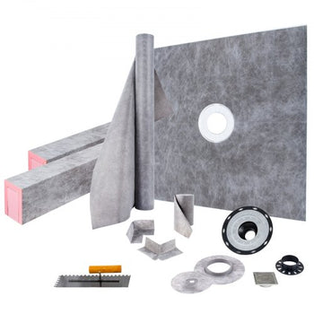 Shower Curb Kit, 48\"x48\" Watertight Shower Curb Overlay with 4\" PVC Central Bonding Flange, 4\" Stainless Steel Grate, 2 Cuttable Shower Curb and Trowel, Shower Pan Slope Sticks Fit for Bathr