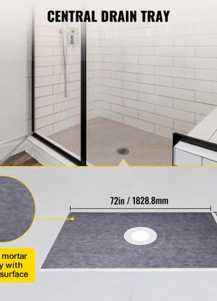 Shower Curb Kit, 48\"x72\" Watertight Shower Curb Overlay with 4\" ABS Central Bonding Flange, 4\" Stainless Steel Grate, 2 Cuttable Shower Curb and Trowel, Shower Pan Slope Sticks Fit for Bathr