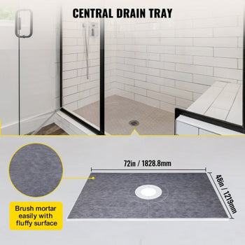 Shower Curb Kit, 48\"x72\" Watertight Shower Curb Overlay with 4\" PVC Central Bonding Flange, 4\" Stainless Steel Grate, 2 Cuttable Shower Curb and Trowel, Shower Pan Slope Sticks Fit for Bathr