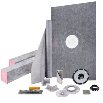 Shower Curb Kit, 48\"x72\" Watertight Shower Curb Overlay with 4\" PVC Central Bonding Flange, 4\" Stainless Steel Grate, 2 Cuttable Shower Curb and Trowel, Shower Pan Slope Sticks Fit for Bathr