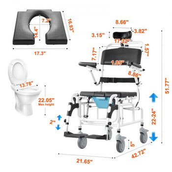 Shower Wheelchair, 17.5in Width Aluminum Alloy Bathroom Wheelchair for Inside Shower, Adjustable Rolling Shower Chair w/ Brake for Disabled Adult, 300 lbs Capacity Shower Transport Chair