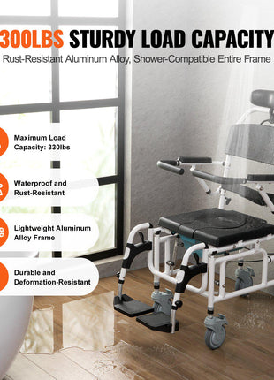 Shower Wheelchair, 17.5in Width Aluminum Alloy Bathroom Wheelchair for Inside Shower, Adjustable Rolling Shower Chair w/ Brake for Disabled Adult, 300 lbs Capacity Shower Transport Chair