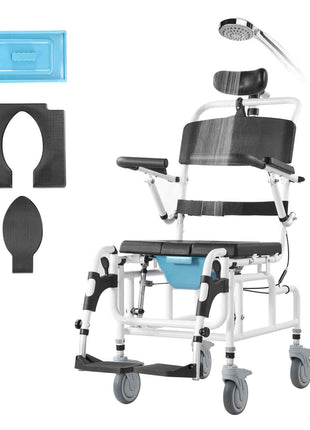 Shower Wheelchair, 17.5in Width Aluminum Alloy Bathroom Wheelchair for Inside Shower, Adjustable Rolling Shower Chair w/ Brake for Disabled Adult, 300 lbs Capacity Shower Transport Chair