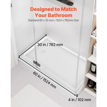 Shower Pan, 60? L x 30? W Single Threshold Shower Base, Rectangle Acrylic & PVC Showering Base in White, Slip-Resistant Showering Pan Bases with Drain & Cover for Bathroom, Left Drain Location