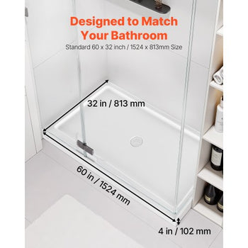 Shower Pan, 60? L x 32? W Single Threshold Shower Base, Rectangle Acrylic & PVC Showering Base in White, Slip-Resistant Showering Pan Bases with Drain & Cover for Bathroom, Center Drain Location