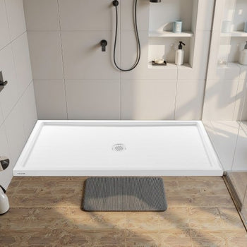 Shower Pan, 60? L x 32? W Single Threshold Shower Base, Rectangle Acrylic & PVC Showering Base in White, Slip-Resistant Showering Pan Bases with Drain & Cover for Bathroom, Center Drain Location