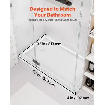 Shower Pan, 60? L x 32? W Single Threshold Shower Base, Rectangle Acrylic & PVC Showering Base in White, Slip-Resistant Showering Pan Bases with Drain & Cover for Bathroom, Left Drain Location