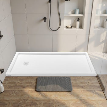 Shower Pan, 60? L x 32? W Single Threshold Shower Base, Rectangle Acrylic & PVC Showering Base in White, Slip-Resistant Showering Pan Bases with Drain & Cover for Bathroom, Left Drain Location