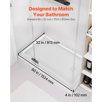 Shower Pan, 60? L x 32? W Single Threshold Shower Base, Rectangle Acrylic & PVC Showering Base in White, Slip-Resistant Showering Pan Bases with Drain & Cover for Bathroom, Right Drain Location
