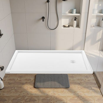 Shower Pan, 60? L x 32? W Single Threshold Shower Base, Rectangle Acrylic & PVC Showering Base in White, Slip-Resistant Showering Pan Bases with Drain & Cover for Bathroom, Right Drain Location