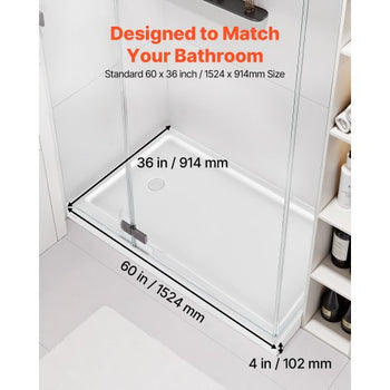 Shower Pan, 60? L x 36? W Single Threshold Shower Base, Rectangle Acrylic & PVC Showering Base in White, Slip-Resistant Showering Pan Bases with Drain & Cover for Bathroom, Left Drain Location