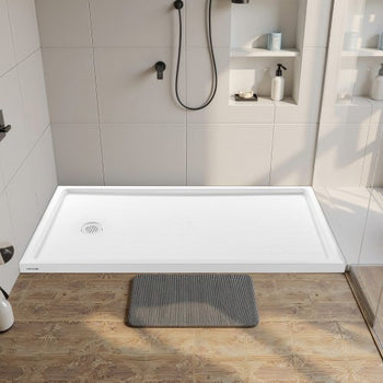 Shower Pan, 60? L x 36? W Single Threshold Shower Base, Rectangle Acrylic & PVC Showering Base in White, Slip-Resistant Showering Pan Bases with Drain & Cover for Bathroom, Left Drain Location