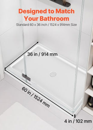 Shower Pan, 60? L x 36? W Single Threshold Shower Base, Rectangle Acrylic & PVC Showering Base in White, Slip-Resistant Showering Pan Bases with Drain & Cover for Bathroom, Center Drain Location