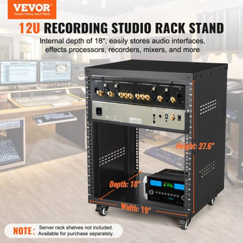 12U AV Rack Stand, 300 lbs Capacity, Network Stereo Recording Studio Rack with Lockable Caster Wheels Round & Square Holes, Special Vents for 19" Audio Video Musical & IT Equipment Mounting