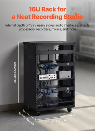 16U AV Rack, 200 lbs Max Capacity, Home Recording Studio Rack with Lockable Caster Wheels, Open Frame Server Cabinet, Special Vent Design, for 19-Inch Audio Video Musical & IT Equipment Mounting