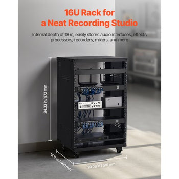 16U AV Rack, 200 lbs Max Capacity, Home Recording Studio Rack with Lockable Caster Wheels, Open Frame Server Cabinet, Special Vent Design, for 19-Inch Audio Video Musical & IT Equipment Mounting