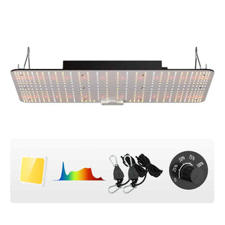 Black LED grow light panel with adjustable dimmer, featuring red, blue, and white lights, suitable for indoor plants.