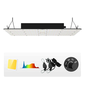 LED grow light panel, black, full spectrum with adjustable dimmer, includes hanging kit and control knob, ideal for indoor gardening.