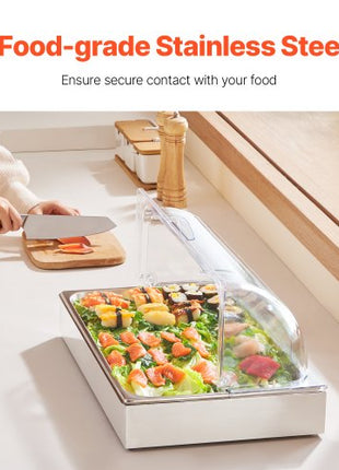 Countertop Food Serving Display Container, 1 x 1 Pan Stainless Steel Food Serving Tray, Buffet Condiment Dispenser Display Rack with Clear Lid & 3 Ice Trays, for Restaurant Hotel Kitchen Party