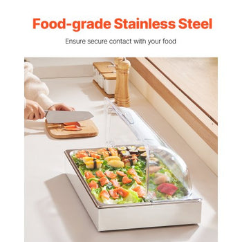 Countertop Food Serving Display Container, 1 x 1 Pan Stainless Steel Food Serving Tray, Buffet Condiment Dispenser Display Rack with Clear Lid & 3 Ice Trays, for Restaurant Hotel Kitchen Party