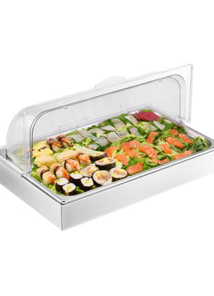 Countertop Food Serving Display Container, 1 x 1 Pan Stainless Steel Food Serving Tray, Buffet Condiment Dispenser Display Rack with Clear Lid & 3 Ice Trays, for Restaurant Hotel Kitchen Party