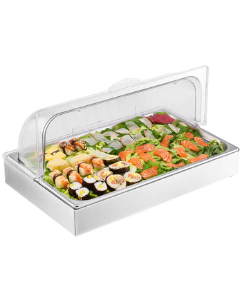 Countertop Food Serving Display Container, 1 x 1 Pan Stainless Steel Food Serving Tray, Buffet Condiment Dispenser Display Rack with Clear Lid & 3 Ice Trays, for Restaurant Hotel Kitchen Party