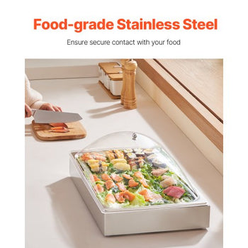 Countertop Food Serving Display Container, 1 x 1 Pan Stainless Steel Food Serving Tray, Buffet Condiment Dispenser Display Rack with Clear Arc Lid & 3 Ice Trays, for Restaurant, Hotel, Party