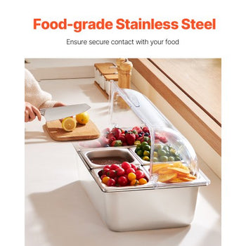 Countertop Food Serving Display Container, 5 Pan Stainless Steel Food Serving Tray, Buffet Condiment Dispenser Display Rack with Clear Lid & 3 Freezer Boxes, for Restaurant Hotel Kitchen Party